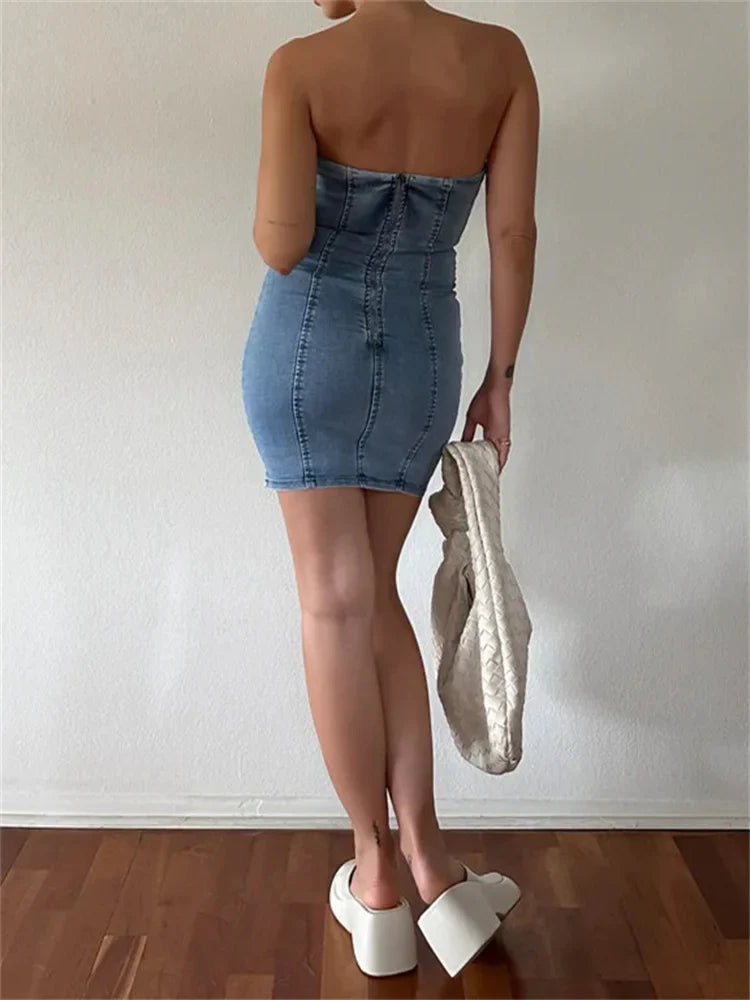Denim Off Shoulder Slim Pencil Mini Dresses