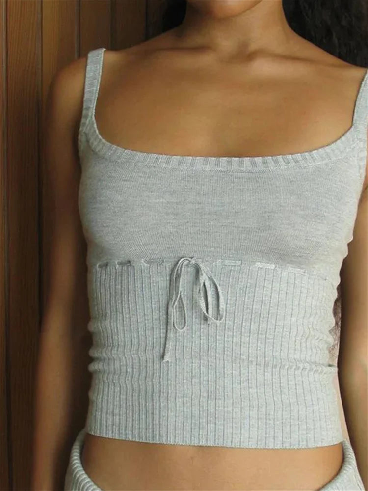 Y2K Vintage Backless Slim Fit Chic Bow Tie Up Knitted Adjustable Strap Retro Vest Clubwear Crop Top