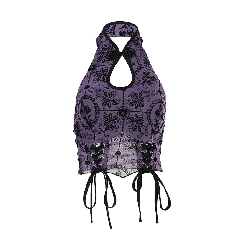 Vintage Elegant Jacquard Bandage Backless Halter Chic Crop Top