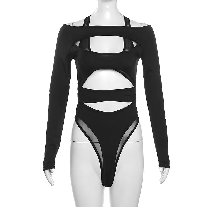 Cyber Punk Hollow Out Mall Gothic Bodycon Mesh Sheer Patchwork Crop Top