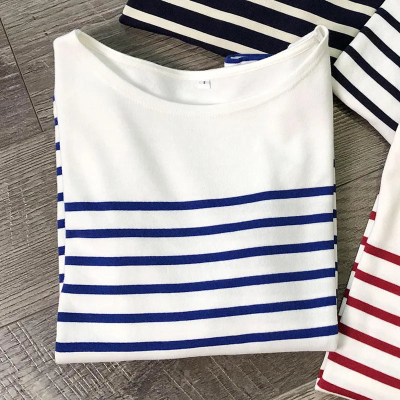 Long Sleeve Striped Combed Cotton T-Shirt for Women