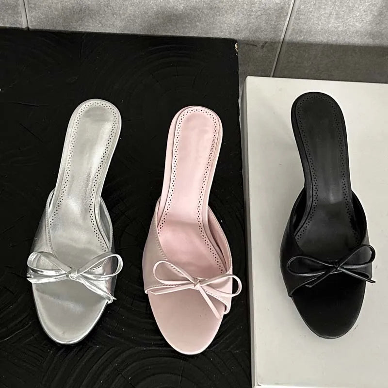 New Arrivals Summer Pink Butterfly-knot Slippers Elegant Stripper Thin Mules Slides Shoes Low Heel Pumps