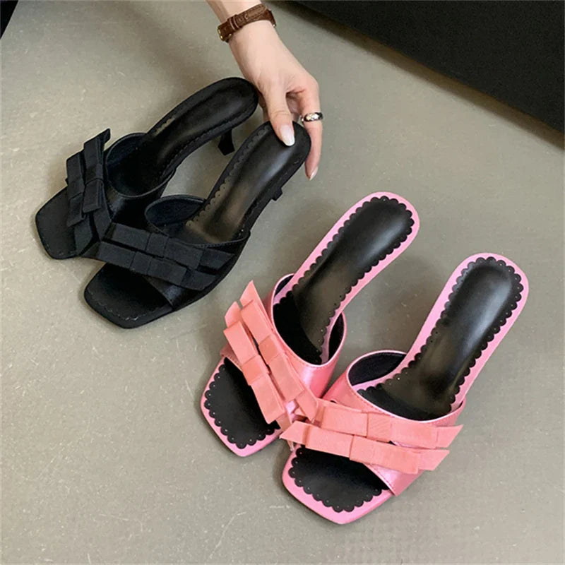 New Arrivals Slipper Fashion Bow-knot Thin Open Toe Slip On Elegant Sandal Mules Slides Shoes Low Heel Pumps