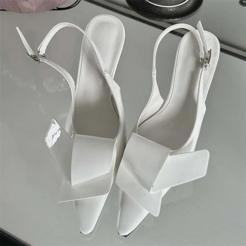 New Design Splicing Rivet Buckle Strap Thin High Pointed Toe Stripper Party Shoes Low Heel Pumps