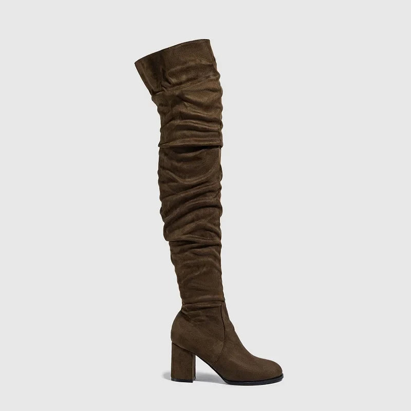 Winter Zipper Flock Square Heel Thigh Long Botas De Mujer Knee High Boots