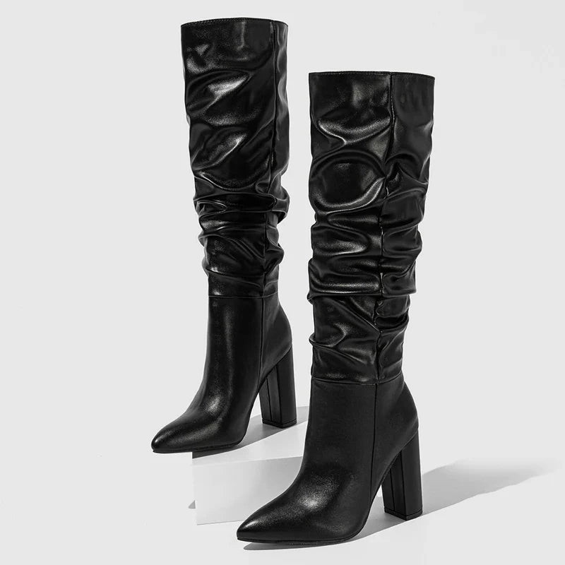 Spring Fashion Pleated Chunky Heels Slip On Pointed Toe Knee High Boots