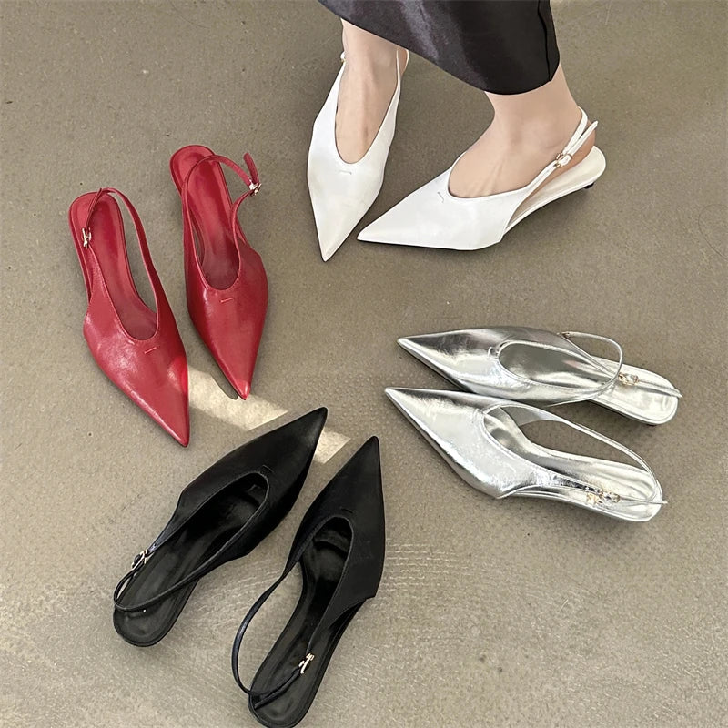 Designer Pointed Toe Buckle Strap Thin Elegant Banquet Dress Mule Ladies Shoes Low Heel Pumps