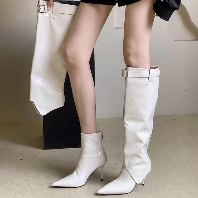 Designer Patent Leather Thin Heels Long Belt Buckle Stripper Knee High Boots