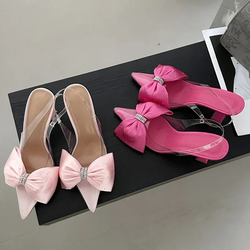 Fashion Butterfly-knot Pointed Toe PVC Transparent Highs Wedding Banquet Mules Shoes Low Heel Pumps