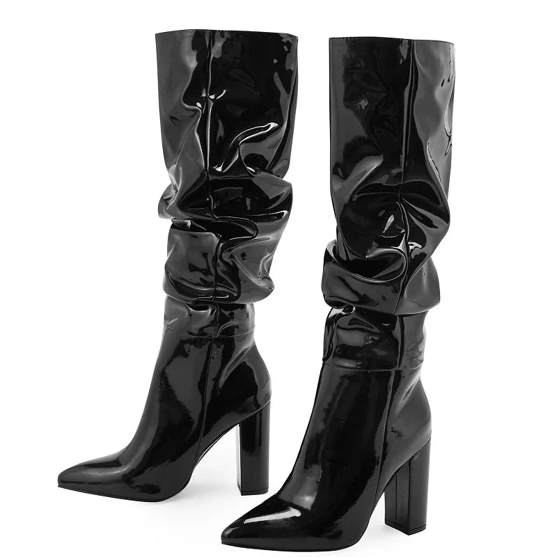 Street Designer Pointed Toe Patent Leather Chunky Heels Knee High Boots