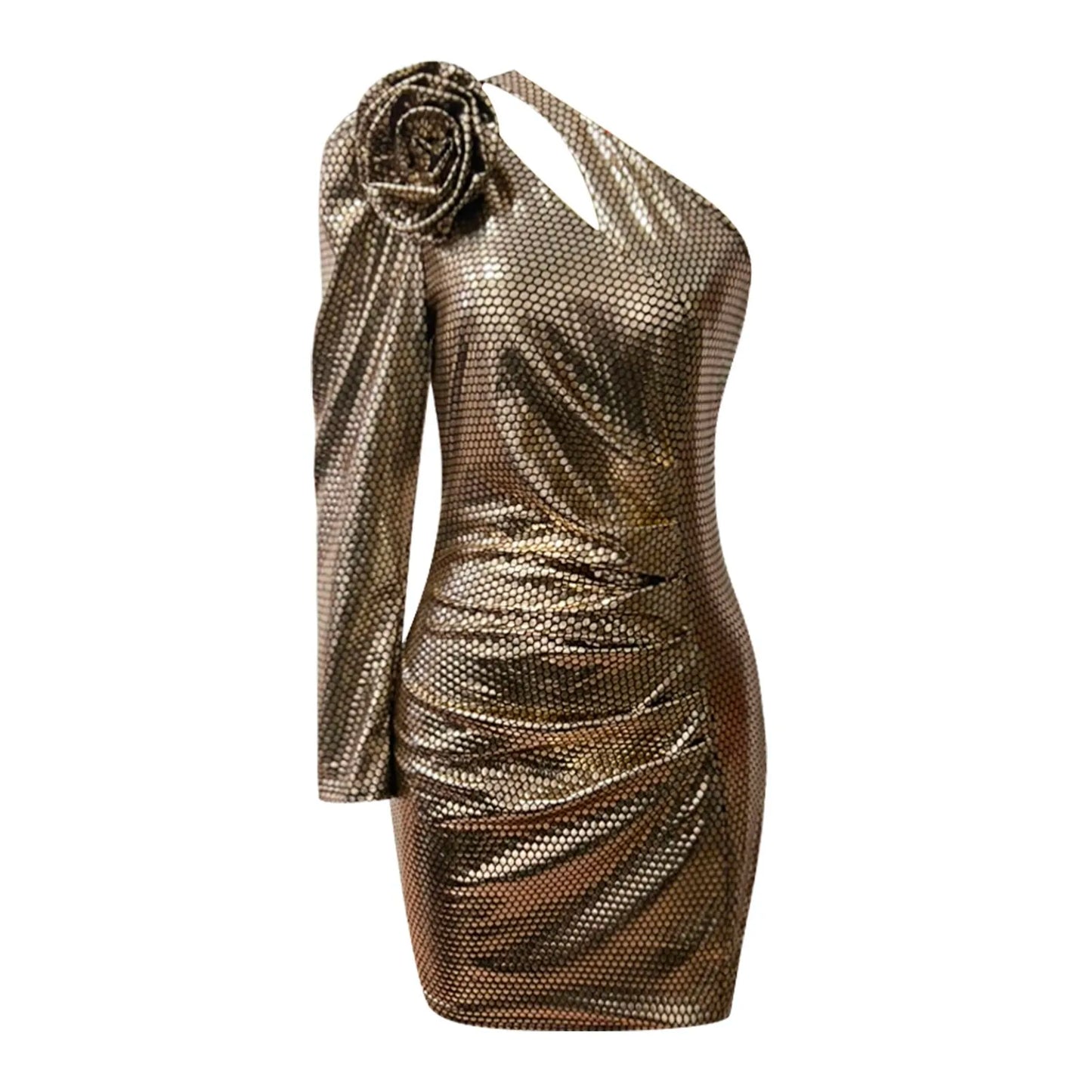 Elegant One Shoulder Bronzing Hollow Out Long Sleeve Mini Dress