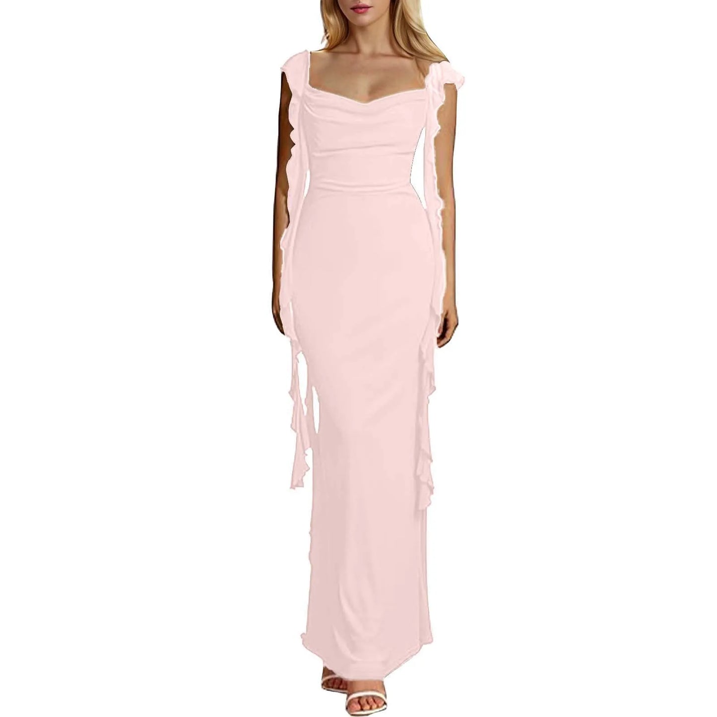 Elegant Ruffles Long Maxi Square Collar Backless Sleeveless Fashion Slim Fit Wedding Party Dress