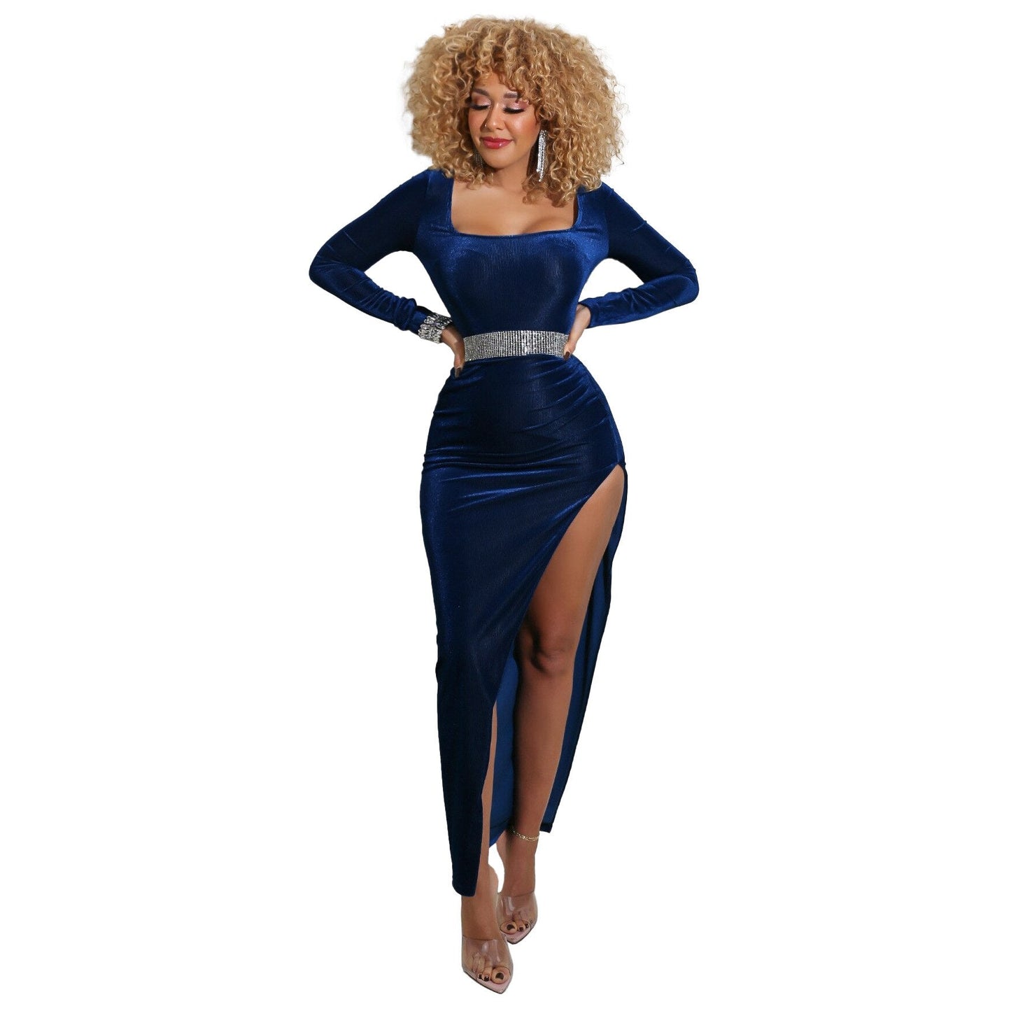 Elegant Velvet High Waist Slit Maxi Dress Long Sleeve Evening Party Dress