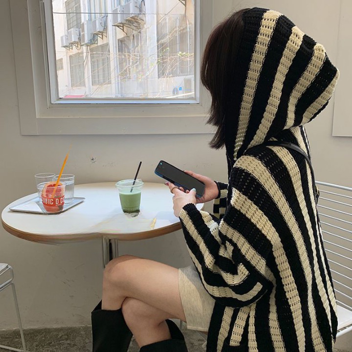 Emica Vertical Stripe Hooded Knit Cardigan Jumper