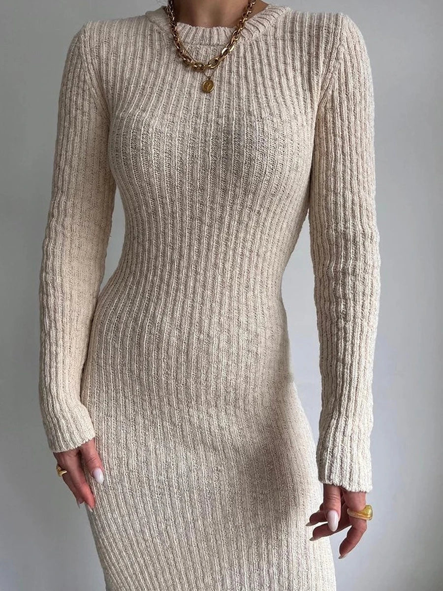 Casual Solid Knit Round Neck Long Sleeve Sweater Bodycon Dress