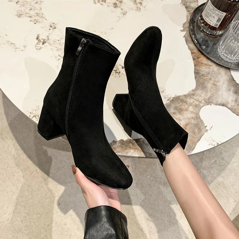 Fashion Knitted Stretch Sewing Square Heels Ankle Boot