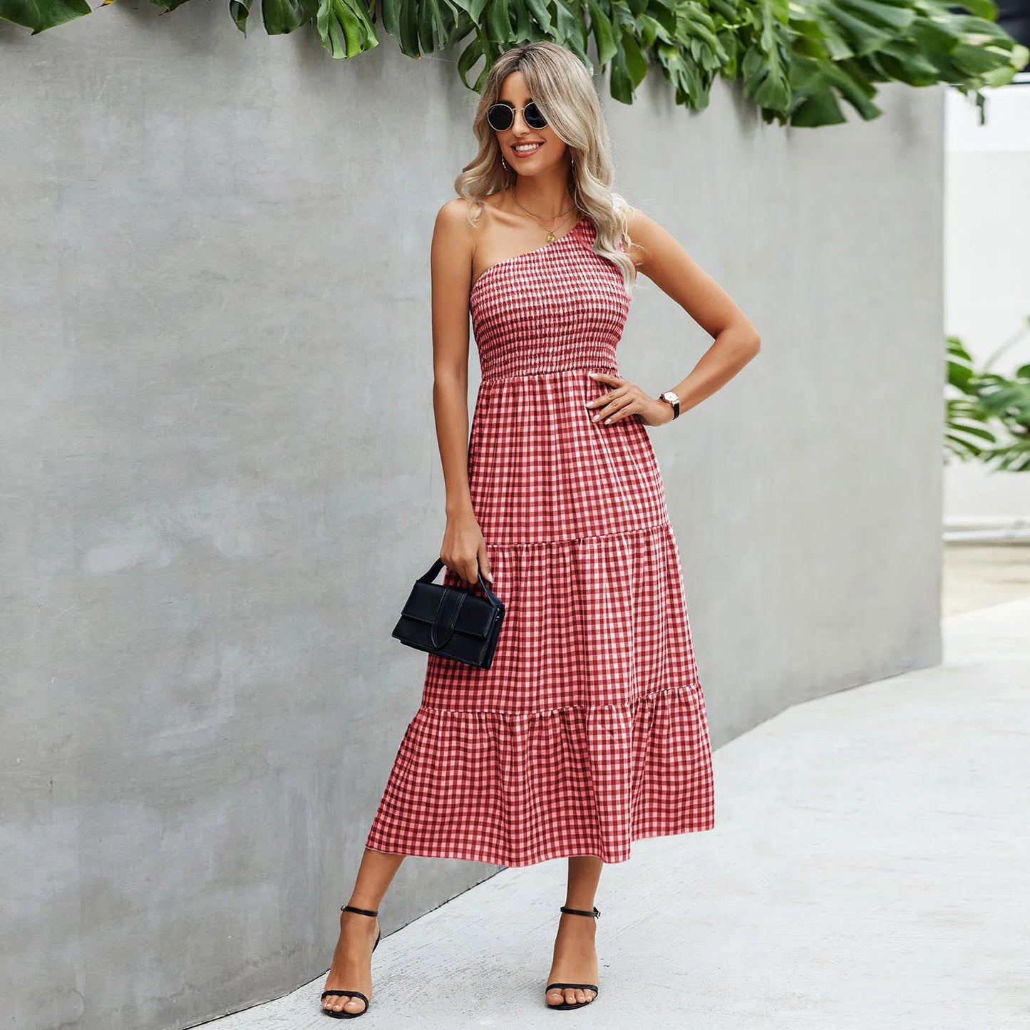 Fashionable One Shoulder Sleeveless Gingham Print Summer Casual Loose Holiday Elegant Woman Party Dress