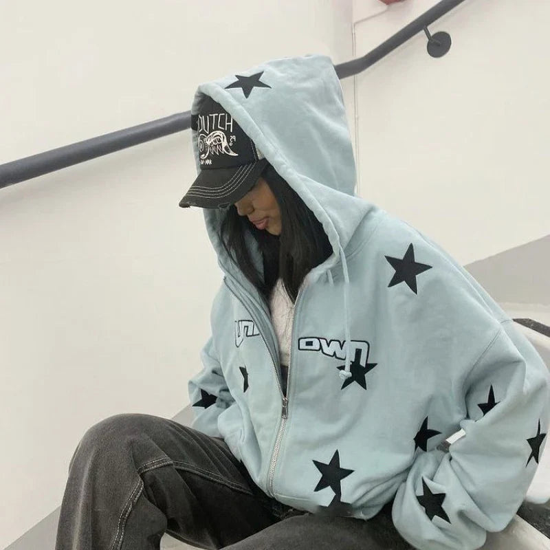 Vintage Star Print Loose Hoodie