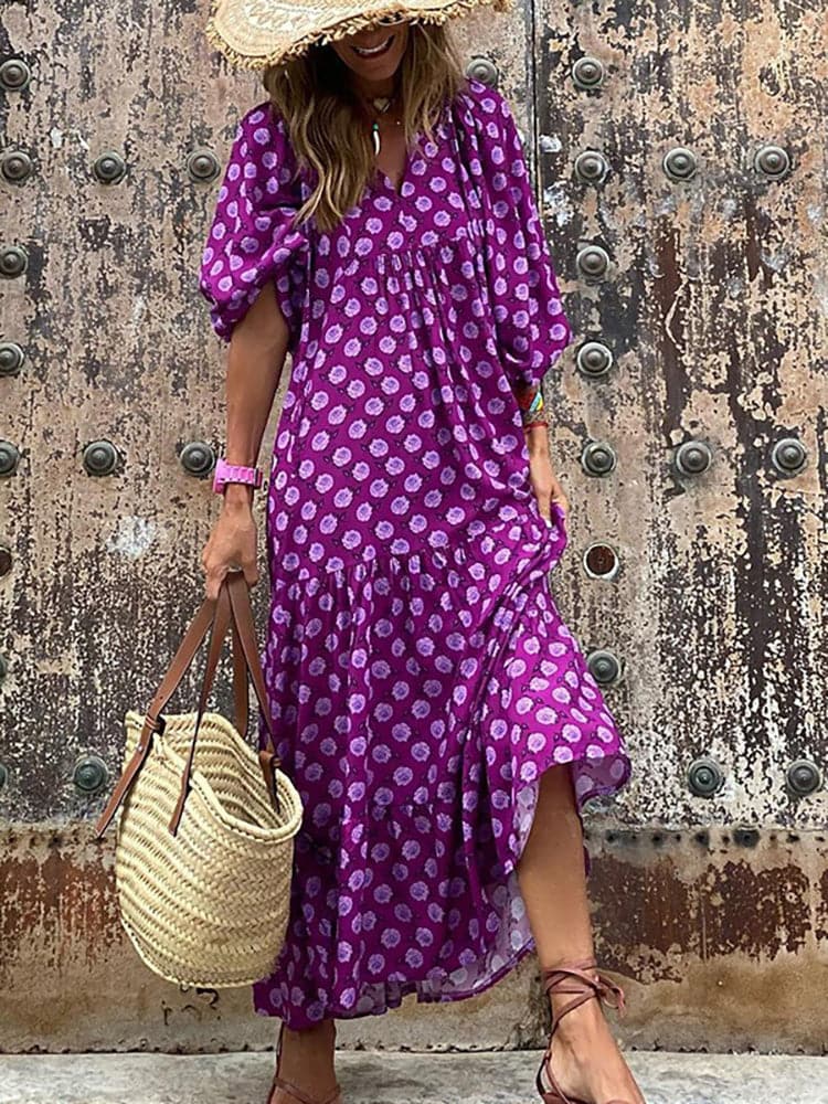 Female Loose V Neck Bohemian Long Dress