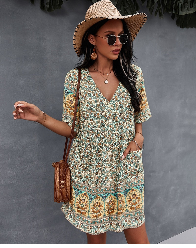 New Floral Print Summer Casual V Neck Bohemian Short Sleeve Dress For Woman