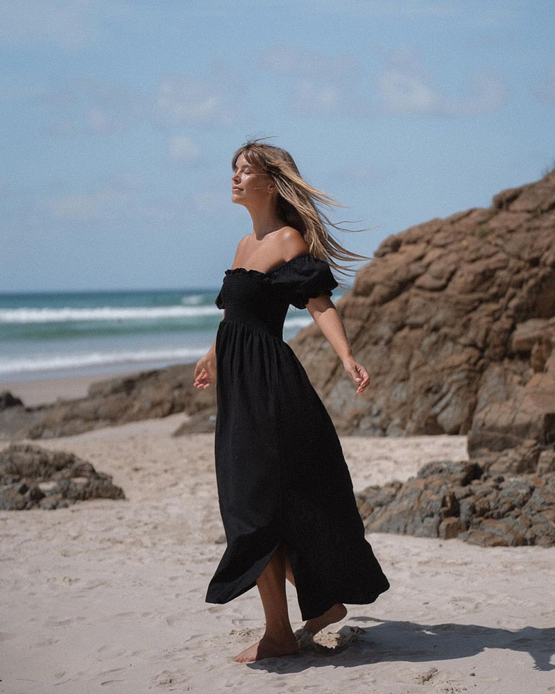 Summer Dresses For Square Neck Smocked Short Puff Sleeve Vacation Beach Style