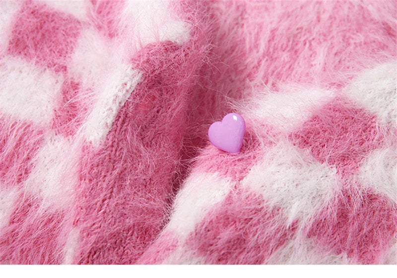 Limona Fuzzy Pink Checkerboard Cropped Cardigan
