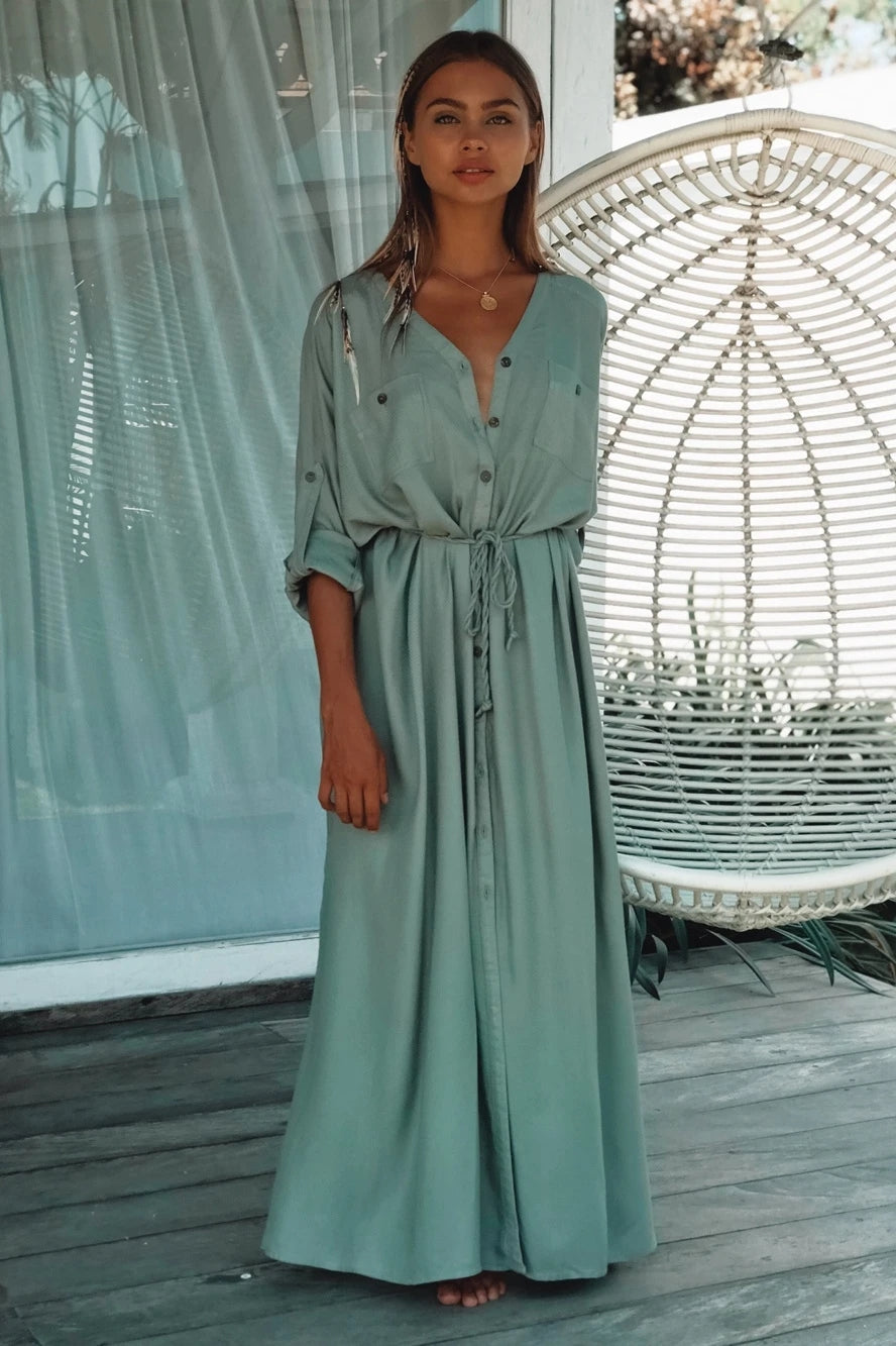 Button Pockets Front Open Self Belted High Waist Summer Dress