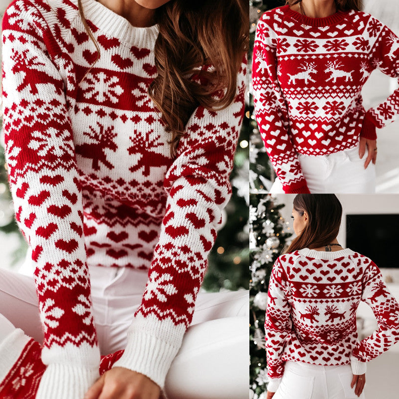 Christmas Sweater Knitted Pullover Sweater Snowflake Elk Print Sweaters