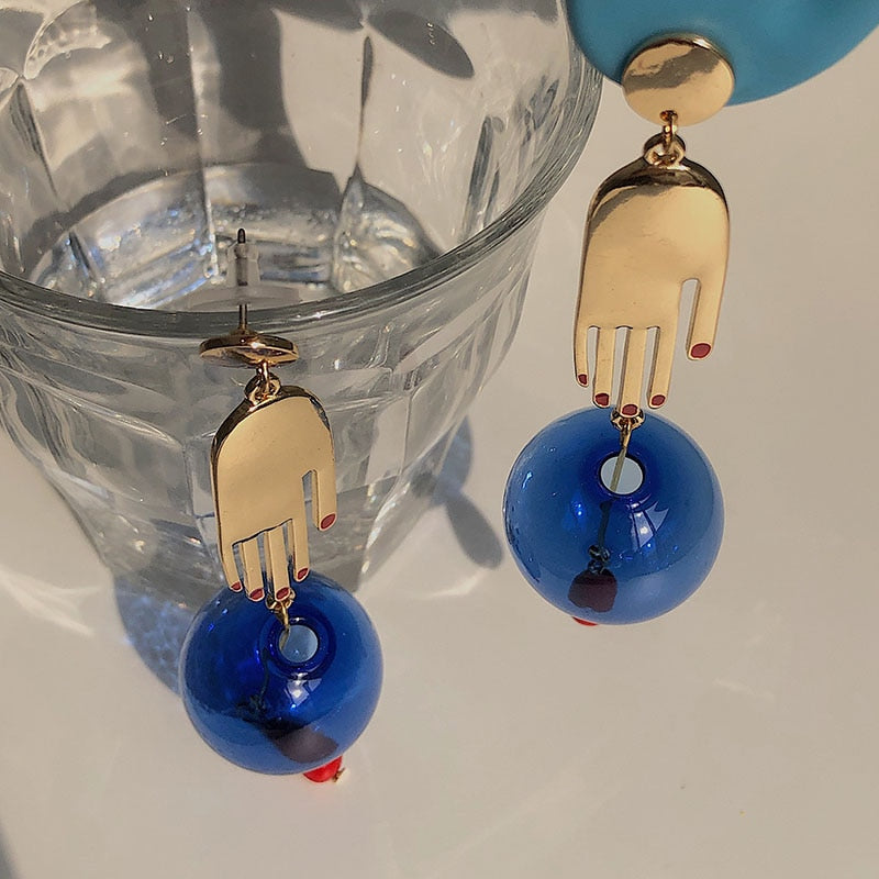 Hands & Blue Glass Ball Drop Earrings