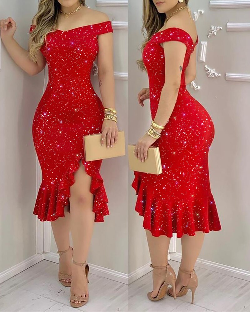 Elegant Glitter Off-Shoulder Ruffles Slit Midi Dress Party Solid Dress