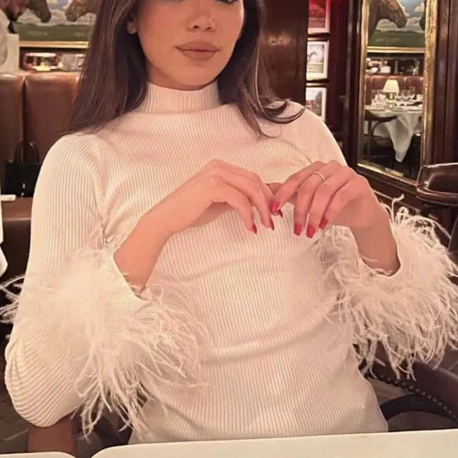 Heather Feather Cuff High Neck Cotton Ribbed Tops