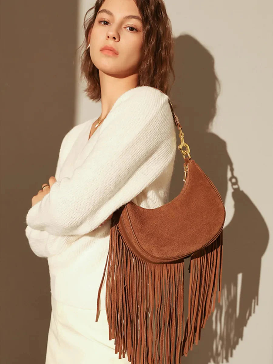 Hemi Tassel Fringed Suede Hobo Bag