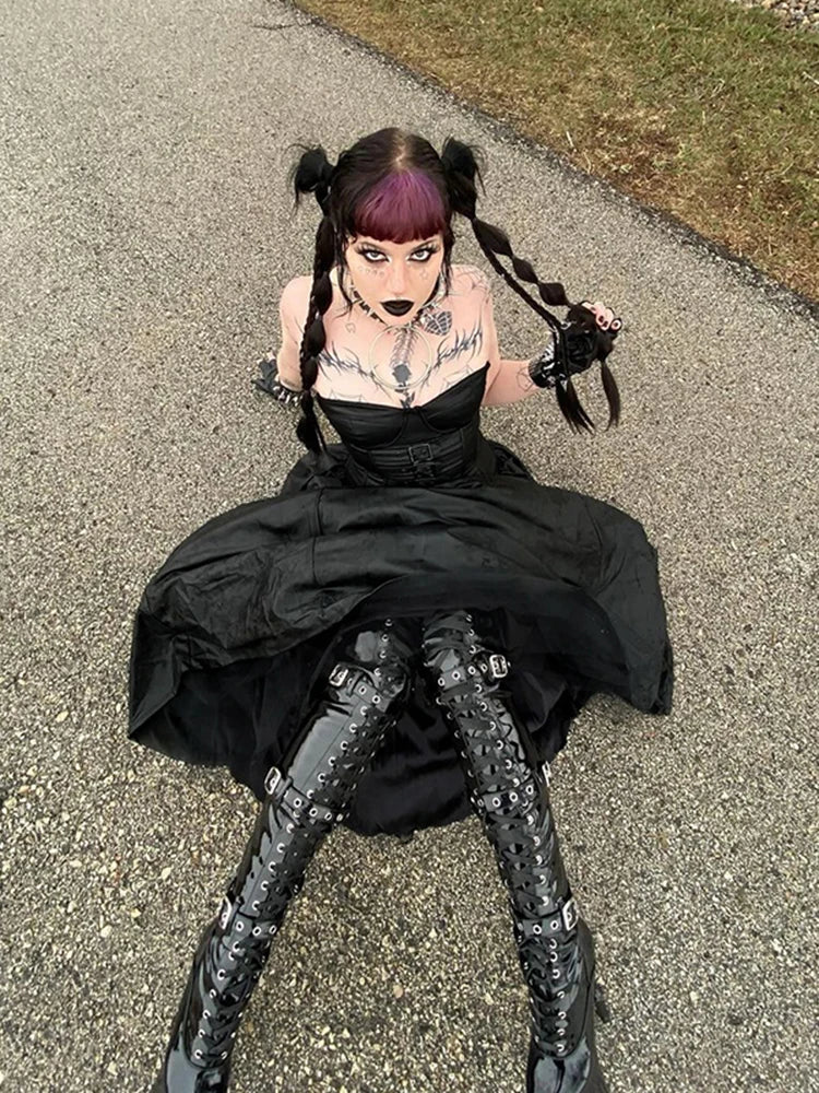 Tube Top Leather Buckle Vintage Backless Strapless Harajuku E-Girls 90s Streetwear Club Dress