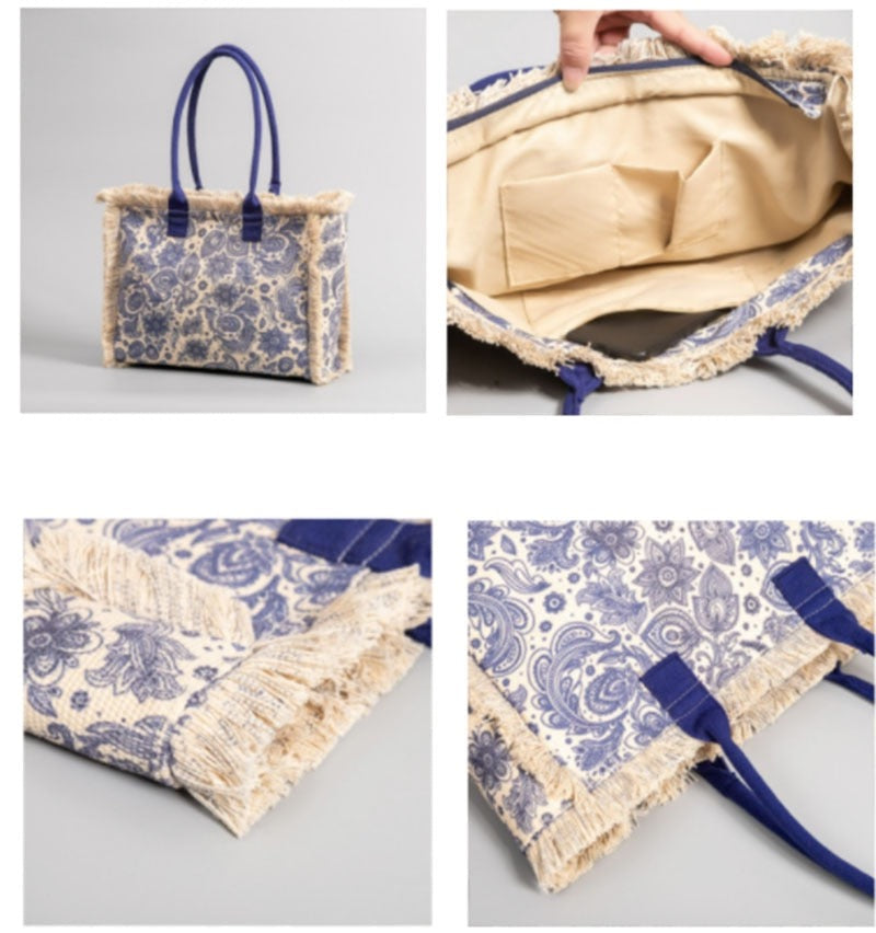 Joslin Retro Print Fringed Canvas Tote Bags - 6 Colors