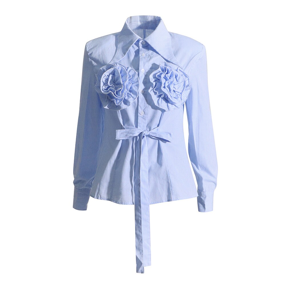 Kaarina Flower Embellished Gingham Shirts Blouses - 4 Colors