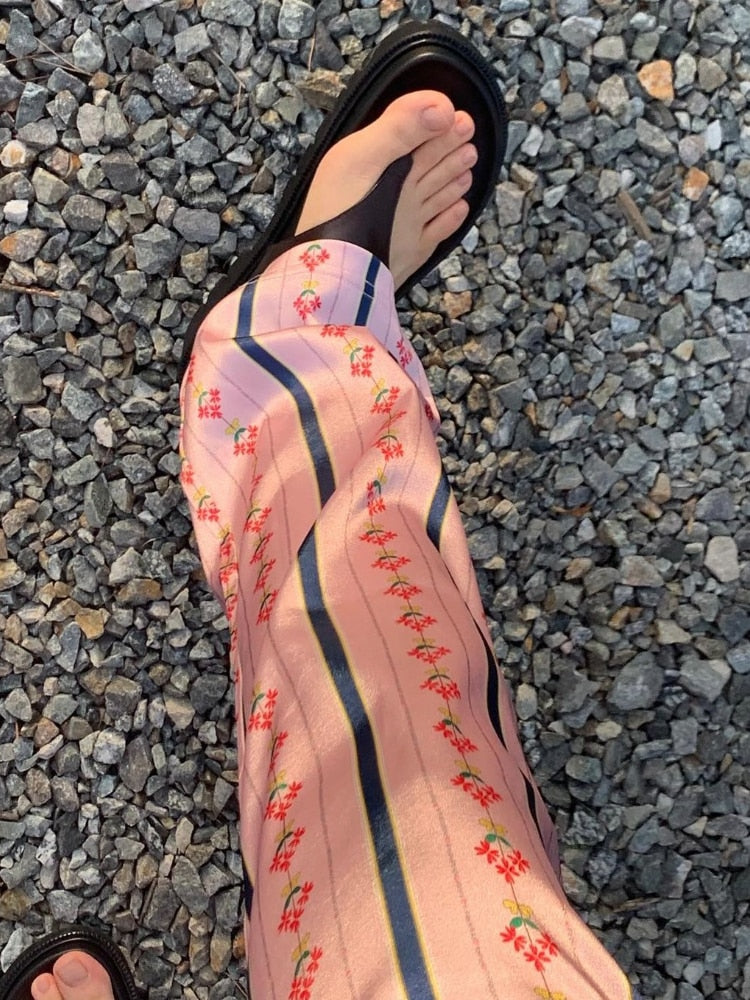 Kaira Stripe Print Satin Pajama Look Pants