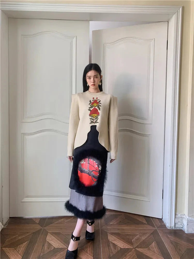 L e a Puff Sleeve Floral Elegant Knit Sweater