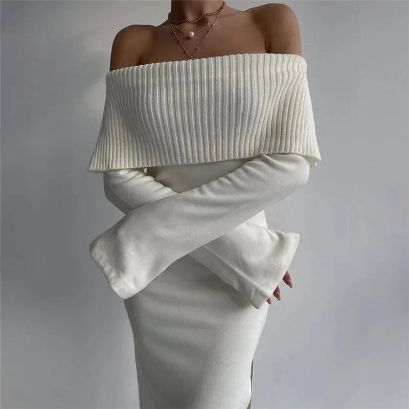 Off-Shoulder Lapel Neck Long Sleeve Maxi Dress