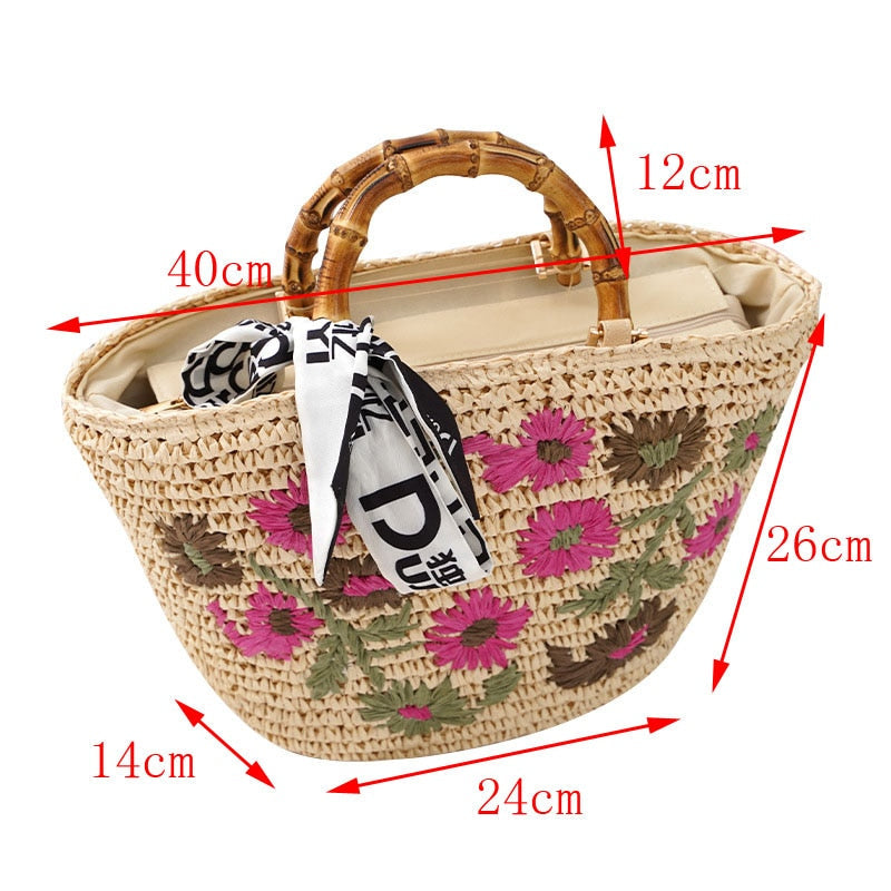 Lavinia Floral Embroidery Straw Baskets - 3 Colors