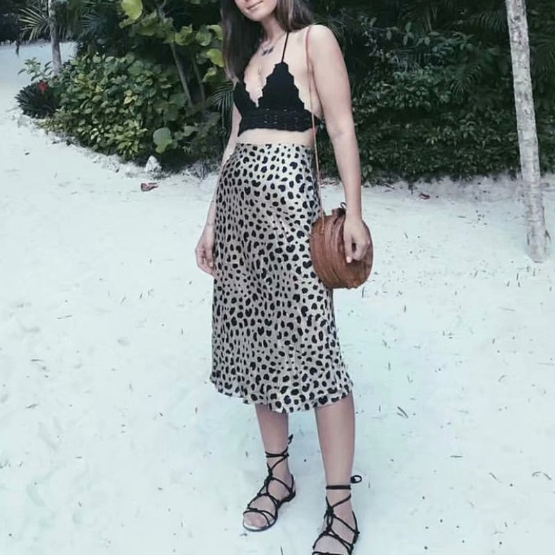 Leopard Print Satin Midi Skirts