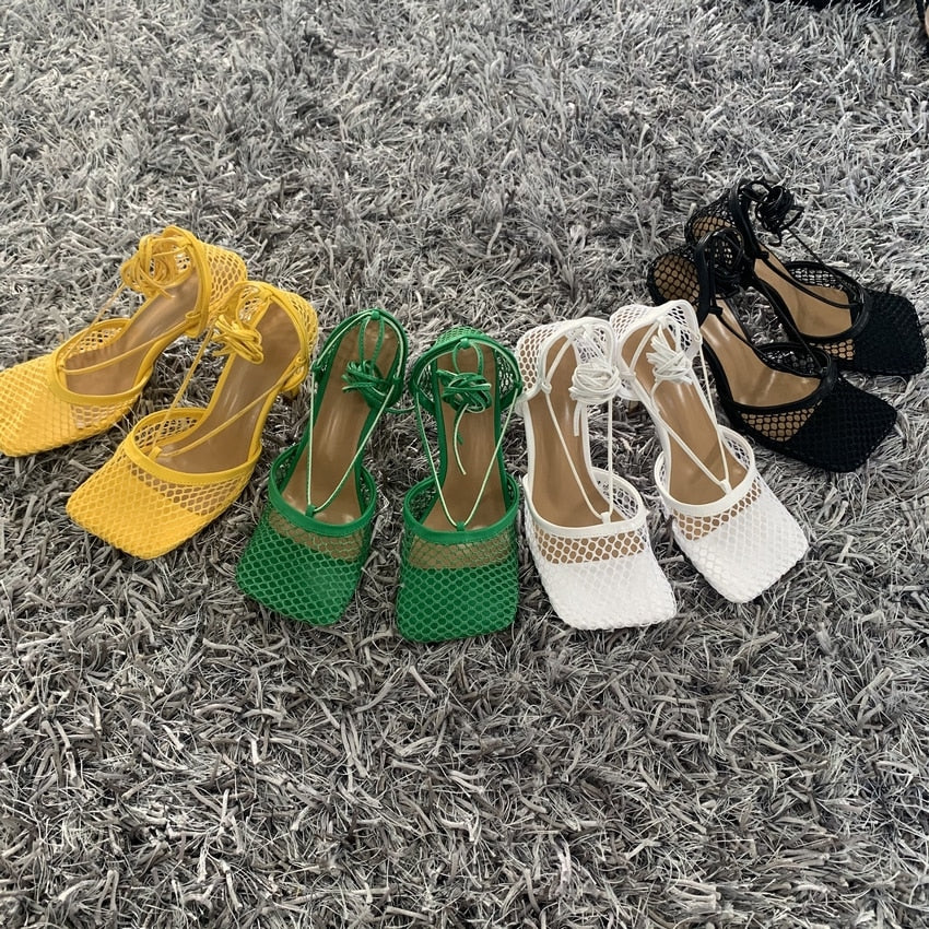 Lulu Square Toe Mesh Lace-Up Sandals - 4 Colors