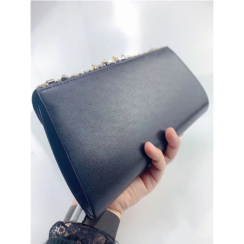 Retro Beaded Women's Clutch Black PU Leather Chain Shoulder Bag