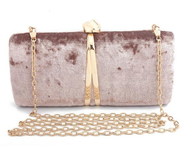 Velour Clutch Bag For Women V Shape Metal