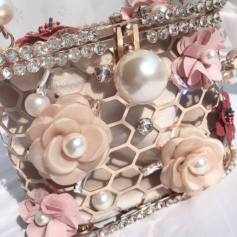 Wedding Clutch Purse Flower Pearl Handbag Rhinestone Bucket Bag