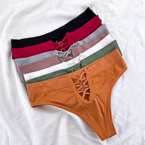 Martha Lace-Up Front Bikini Thong Panties