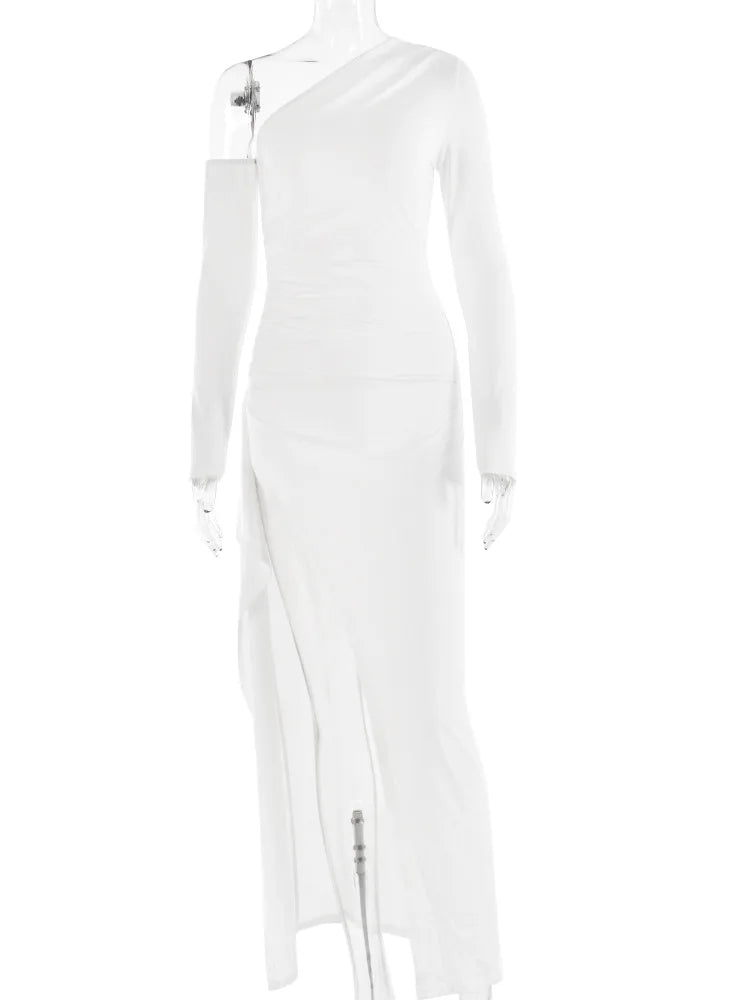 Mozision Oblique Shoulder Thigh High Split Long Sleeve Maxi Dress