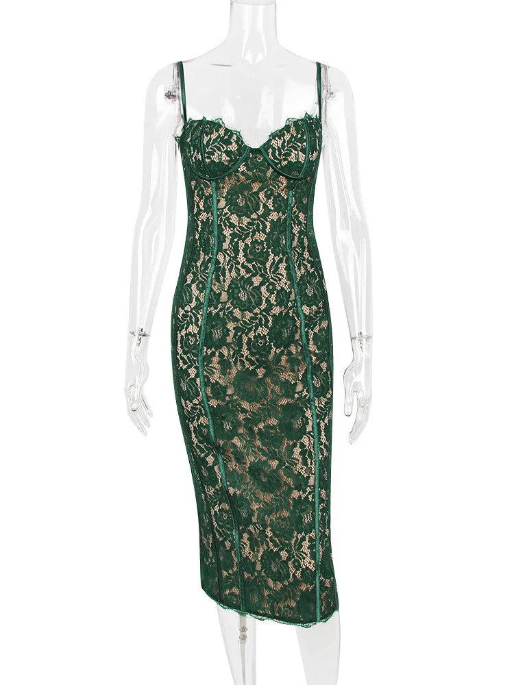 Spaghetti Strap Lace Green Floral Dress