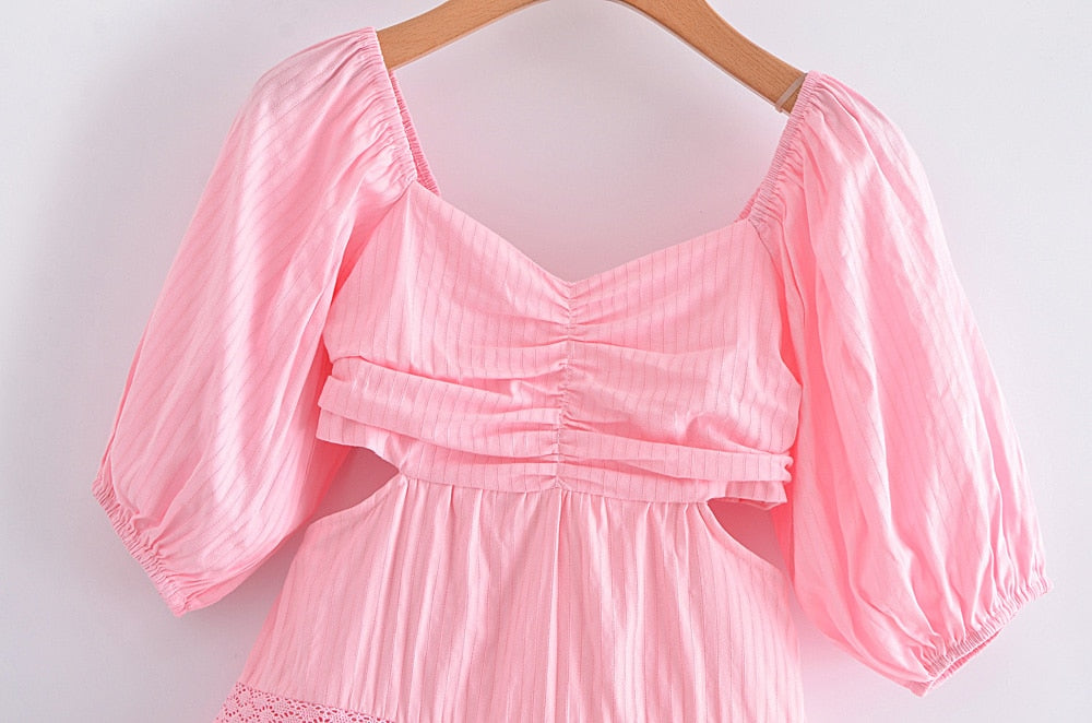Nabie Back Bow Pink Baby Doll Mini Dress