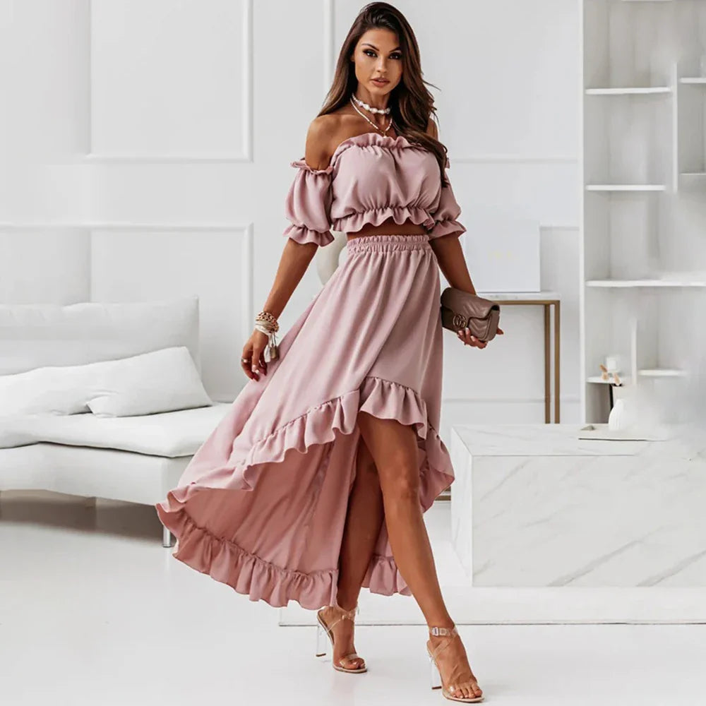Summer Ruffles Off Shoulder Irregular Long Skirt