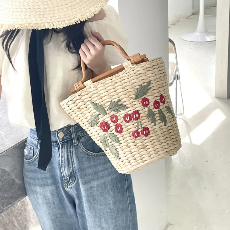 Eka Embroidery Straw Bucket Bags - 2 Styles